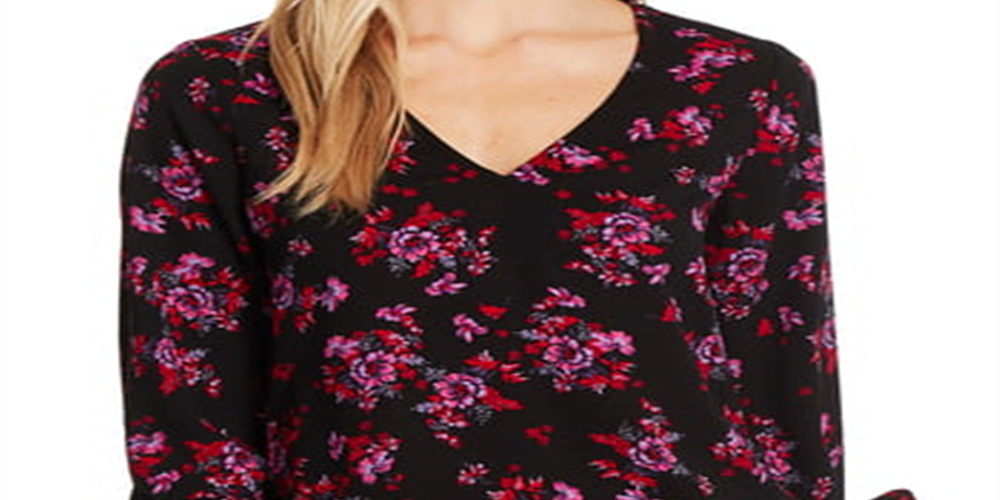 CeCe Women's V Neck Floral Print Rich Blouse Black Size M