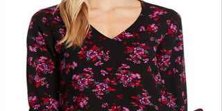CeCe Women's V Neck Floral Print Rich Blouse Black Size M