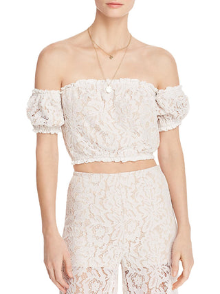Aqua Women's Lace Overlay Off-the-Shoulder Crop Top Ivory Size M
