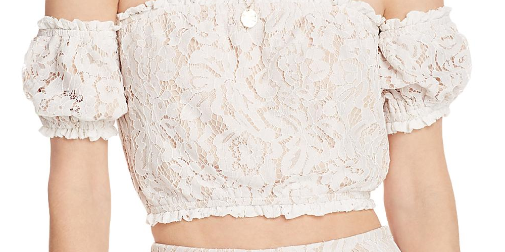 Aqua Women's Lace Overlay Off-the-Shoulder Crop Top Ivory Size M