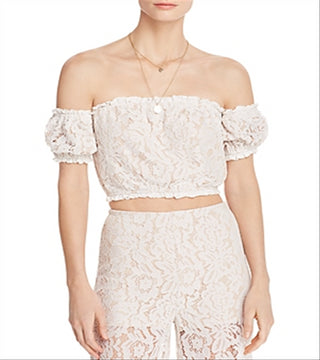 Aqua Women's Lace Overlay Off-the-Shoulder Crop Top Ivory Size M
