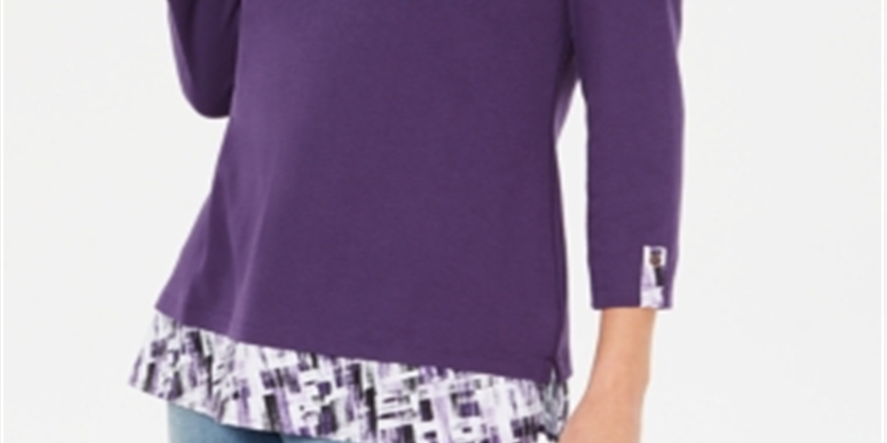 Karen Scott Women's Layered Look Solid & Plaid Top Purple Size L
