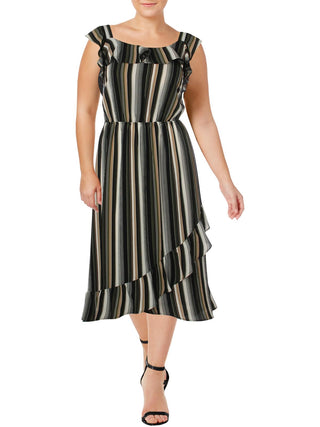 Monteau Women's Plus Striped Maxi Ruffled High Low Dress Green Size 2X