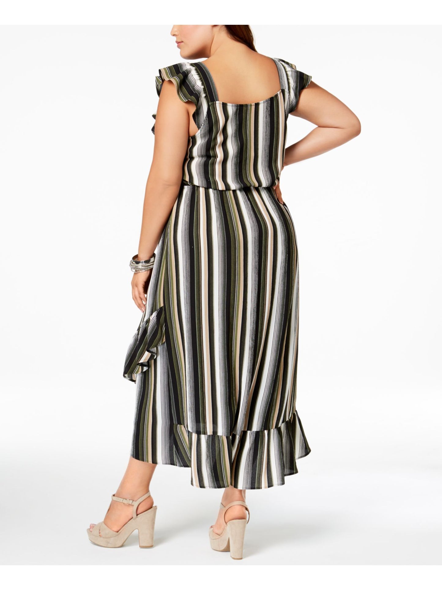 Monteau Women's Plus Striped Maxi Ruffled High Low Dress Green Size 2X