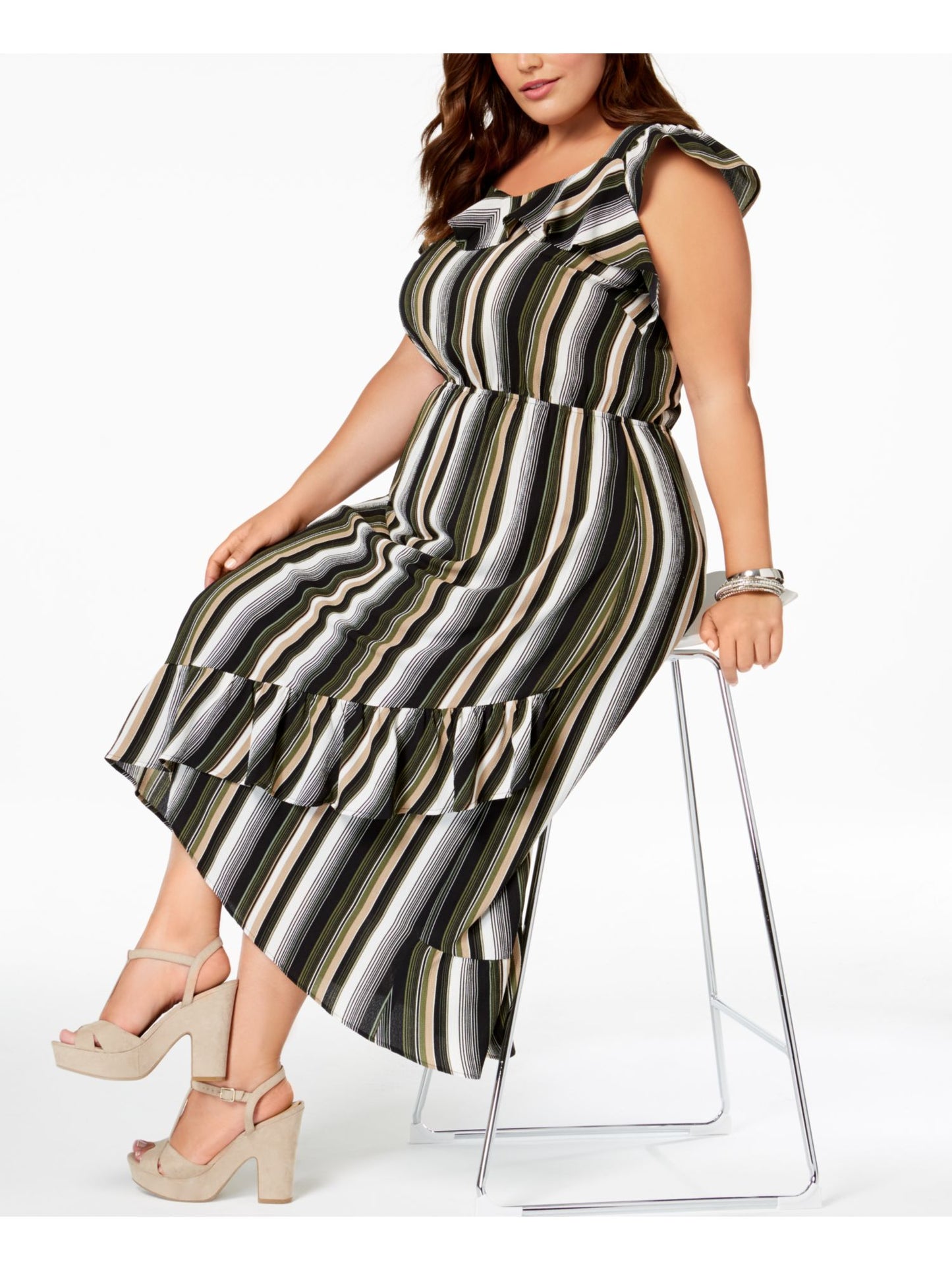 Monteau Women's Plus Striped Maxi Ruffled High Low Dress Green Size 2X