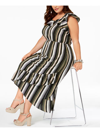 Monteau Women's Plus Striped Maxi Ruffled High Low Dress Green Size 2X
