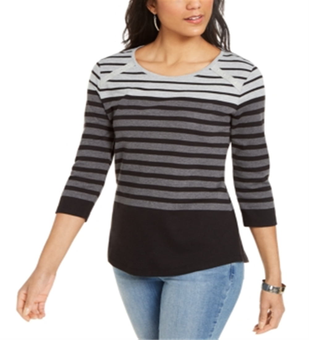 Karen Scott Women's Colorblocked Striped Rivet-TrimTop Gray Size X-Small