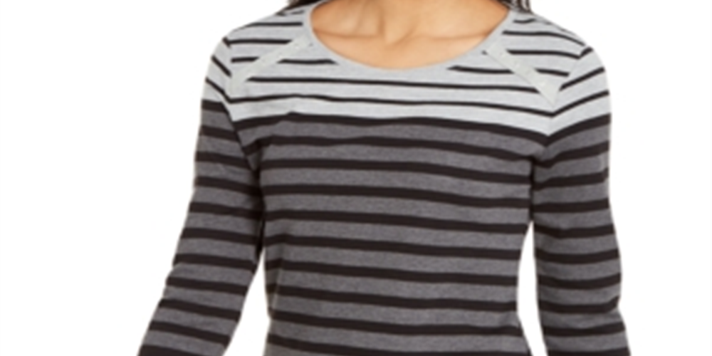 Karen Scott Women's Colorblocked Striped Rivet-TrimTop Gray Size X-Small