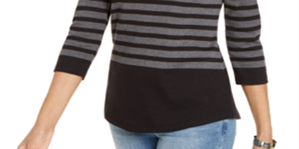 Karen Scott Women's Colorblocked Striped Rivet-TrimTop Gray Size X-Small