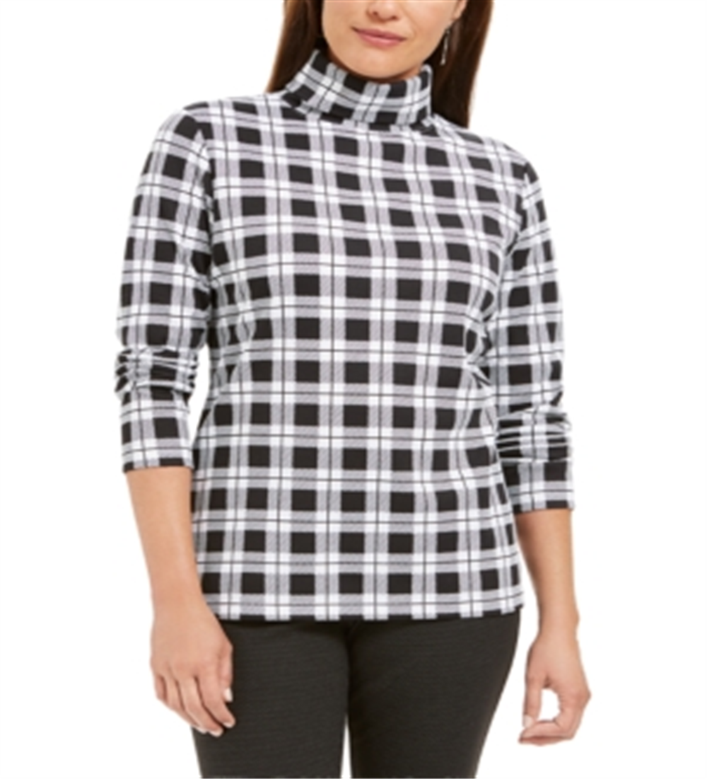 Karen Scott Women's Plaid Turtleneck Top Black-White Size -XL