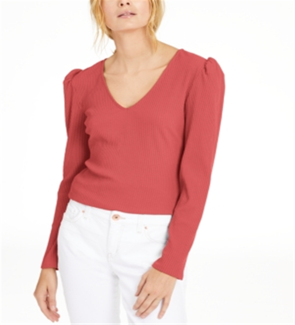 INC Women's  Long Sleeve V Neck Top Coral Size Medium