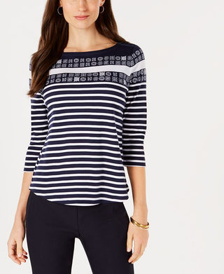 Charter Club Women's Printed 3/4-Sleeve Cotton Top  Blue Size M