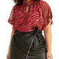 Rachel Roy Women's Sheer Back Button Closure Animal Print Kimono Sleeve Keyhole Evening Kimono Top Red Size 1X