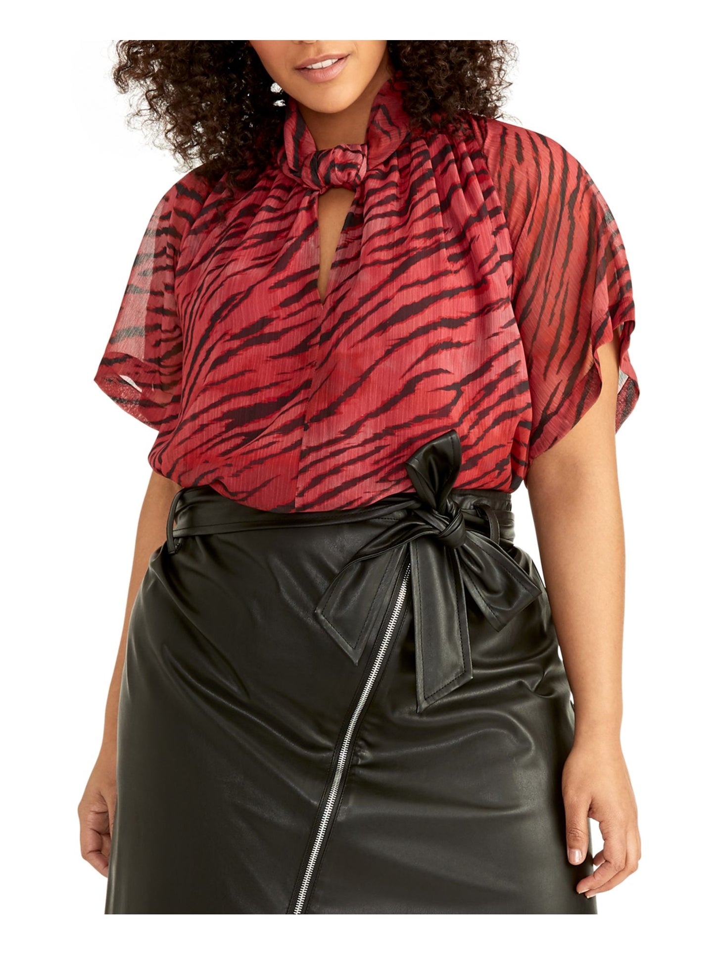 Rachel Roy Women's Sheer Back Button Closure Animal Print Kimono Sleeve Keyhole Evening Kimono Top Red Size 1X