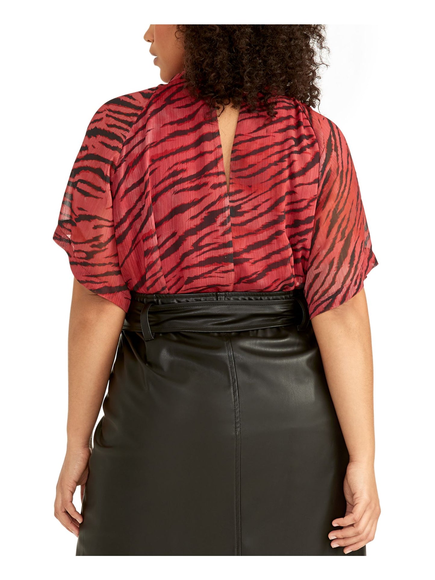 Rachel Roy Women's Sheer Back Button Closure Animal Print Kimono Sleeve Keyhole Evening Kimono Top Red Size 1X