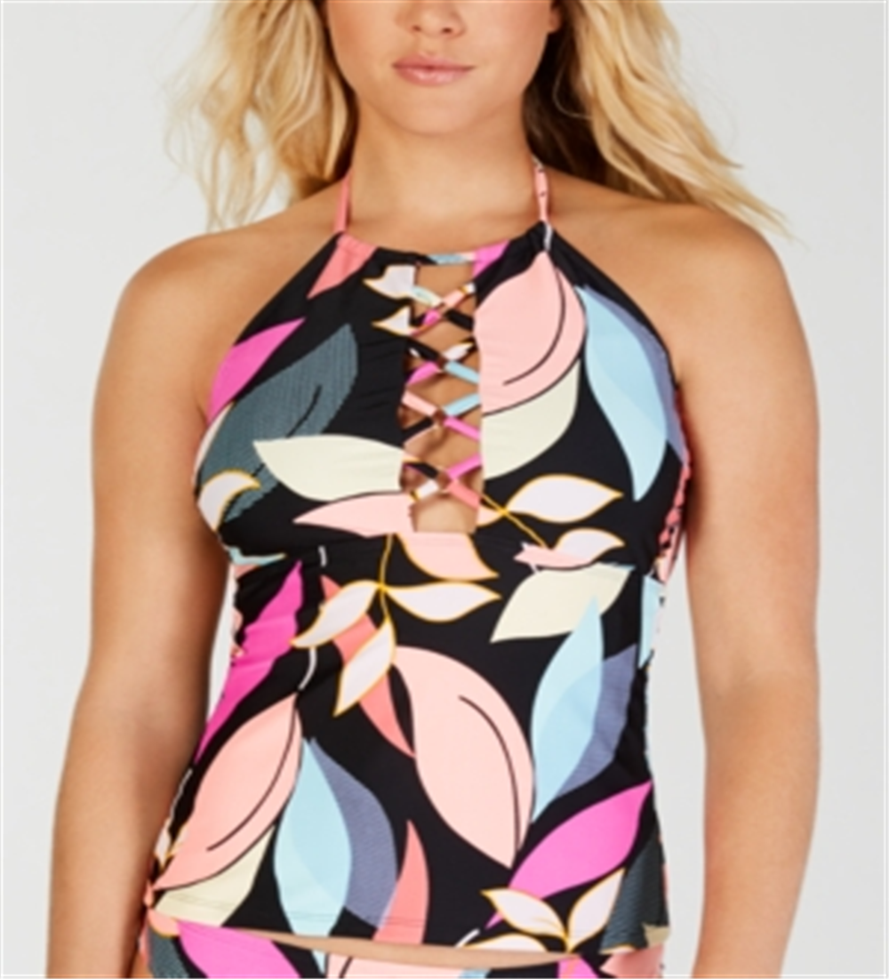 Hula Honey Women's Jungle Boogie High Neck Halter Tankini Top Black Size Medium