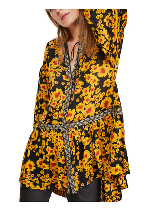 Free People Women's Floral Bell Sleeve Mock Hi Lo Top Yellow Size X-Small