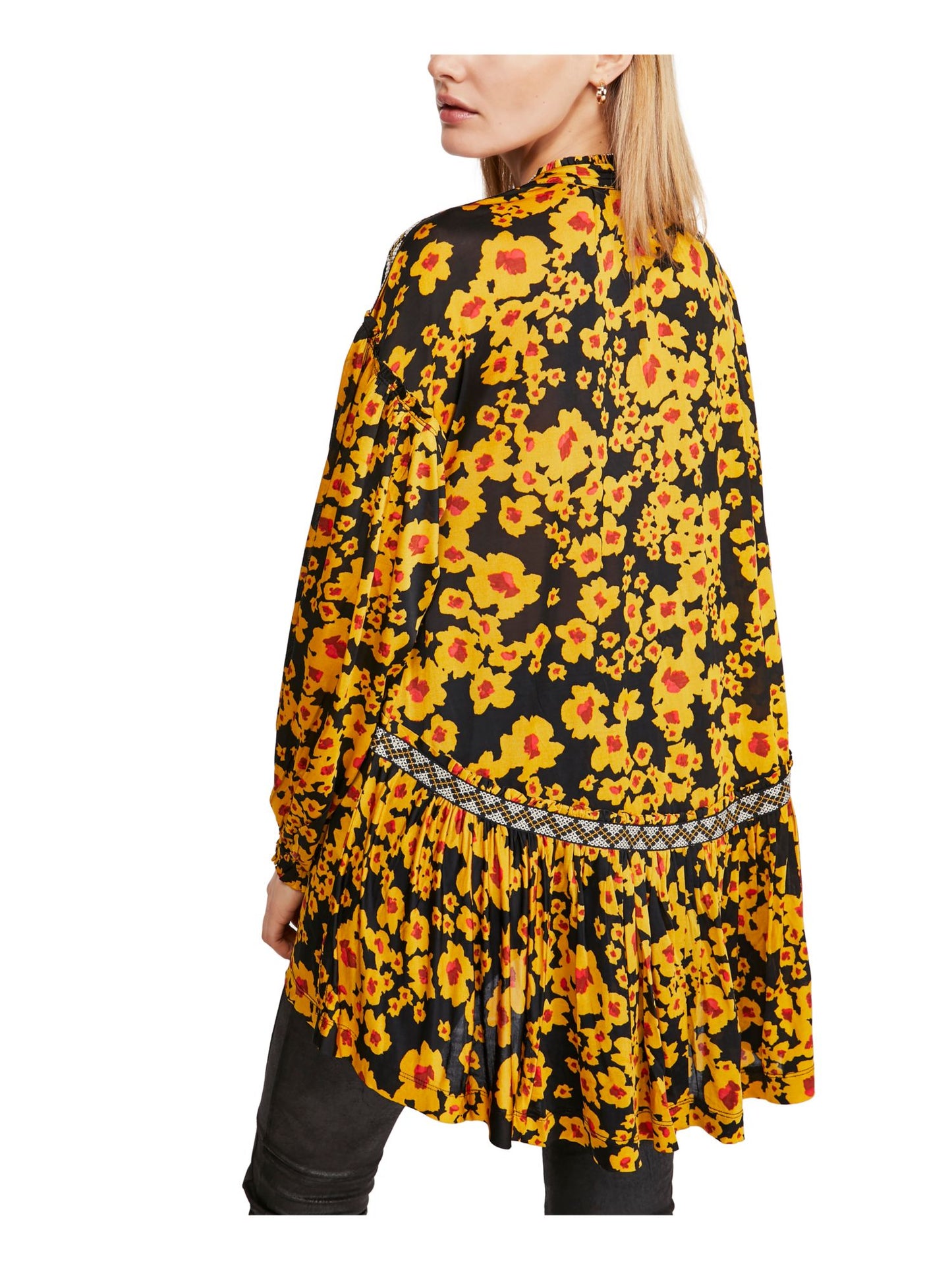 Free People Women's Floral Bell Sleeve Mock Hi Lo Top Yellow Size X-Small