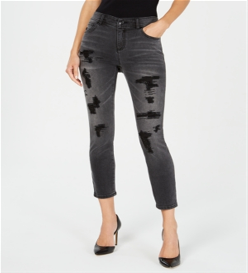 INC International Concepts Women's Embellished Ripped Skinny Jeans Black Size 16
