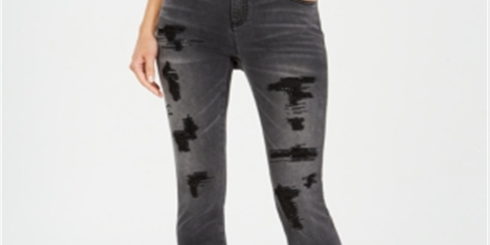 INC International Concepts Women's Embellished Ripped Skinny Jeans Black Size 16