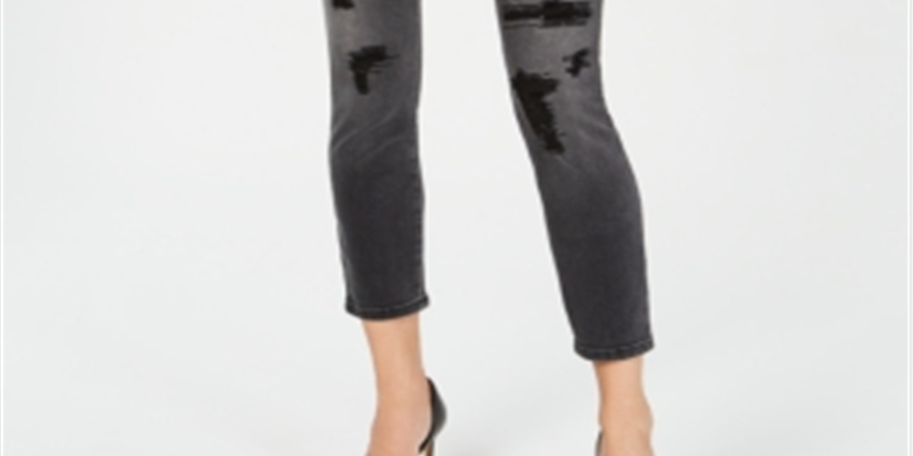 INC International Concepts Women's Embellished Ripped Skinny Jeans Black Size 16