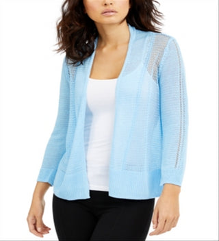 Alfani Women's Mixed Stitch Open Front Linen Blend Cardigan Blue Size XX-Large