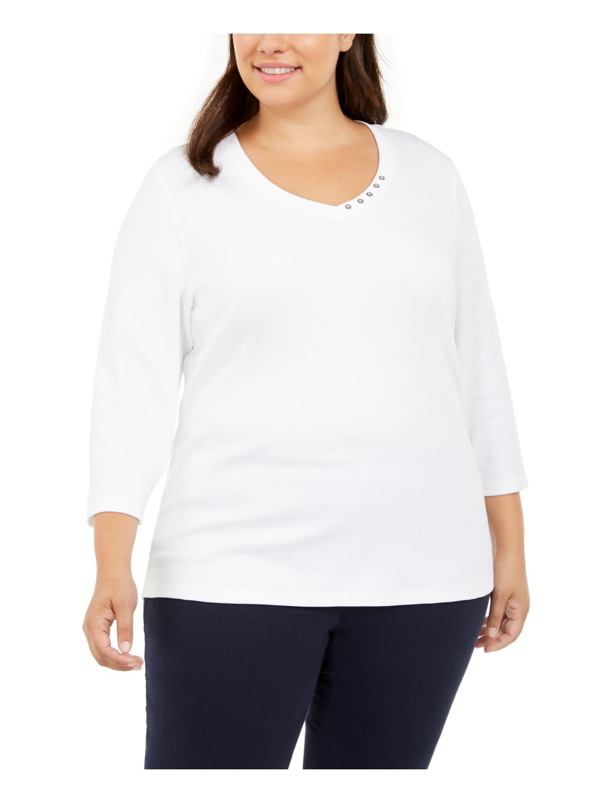 Karen Scott Women's Plus Grommet V Neck Top White Size 3XL