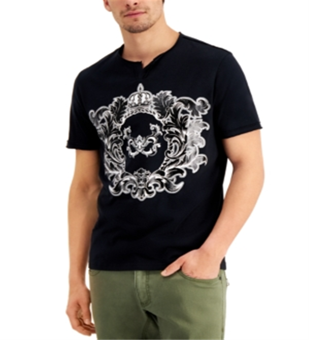 INC International Concepts Men's Metallic Graphic Split Neck T-Shirt Black Size M