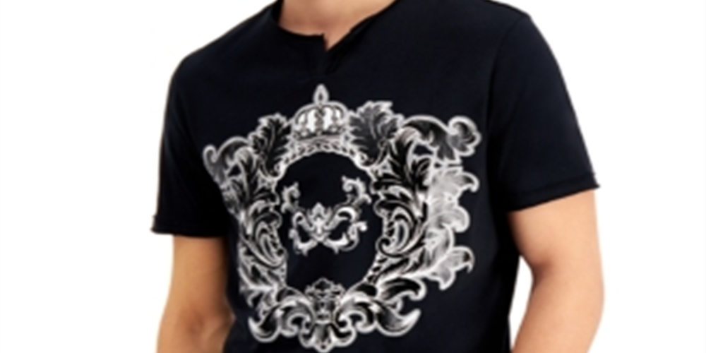 INC International Concepts Men's Metallic Graphic Split Neck T-Shirt Black Size M