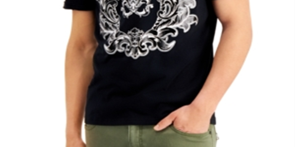 INC International Concepts Men's Metallic Graphic Split Neck T-Shirt Black Size M