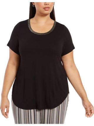 Alfani Women's Plus Lurex Trim Short Sleeves T-Shirt Black Size 1X