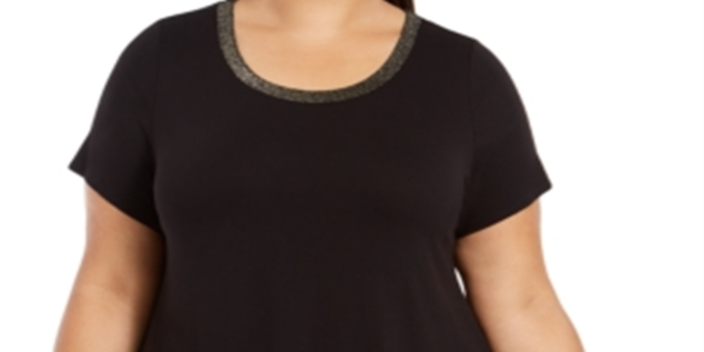 Alfani Women's Plus Lurex Trim Short Sleeves T-Shirt Black Size 1X