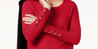 Alfani Women's Sweater Medium Ribbed Snap Detail Pullover Red Size Medium