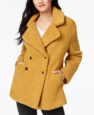 Collection B Juniors' Double-Breasted Faux-Fur Teddy Coat Yellow Size XL