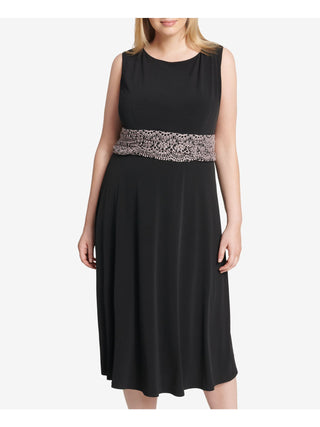 Jessica Howard Women's Embroidered Sequined Sleeveless Jewel Neck Below the Knee Sheath Formal Dress Black Size 14W