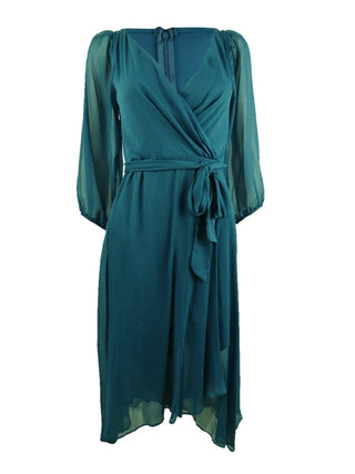 NY Collection Women's Crinkle Chiffon Faux Wrap Dress Blue Size Petite Large