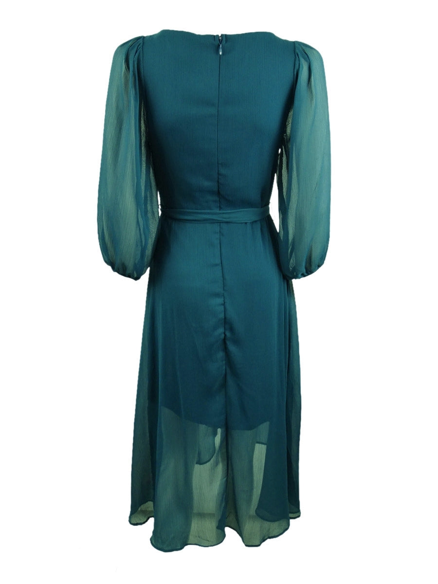NY Collection Women's Crinkle Chiffon Faux Wrap Dress Blue Size Petite Large
