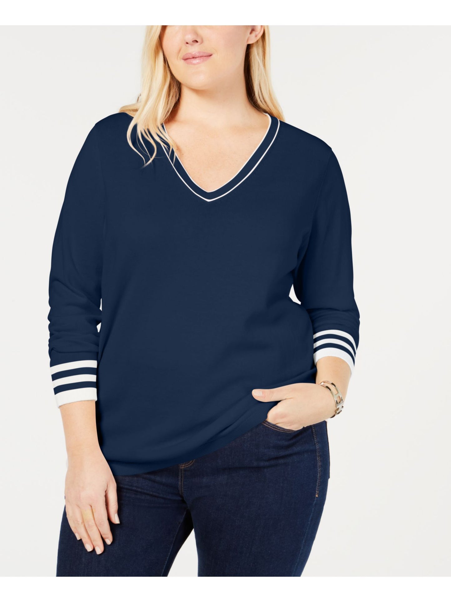 Tommy Hilfiger Women's Cotton V Neck Sweater Blue Size 2X