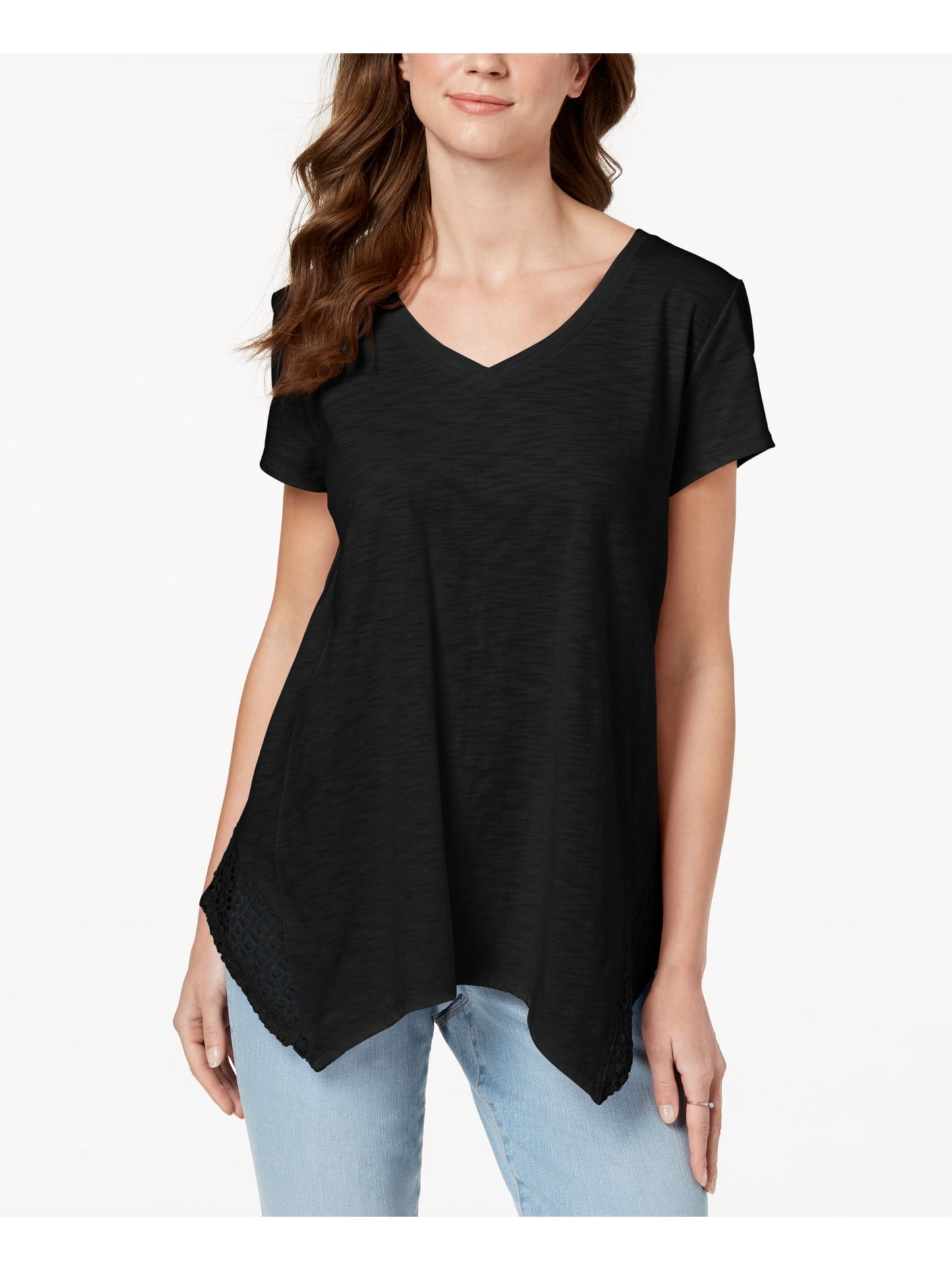 Style & Co Women's Handkerchief hem Short Sleeve V Neck Top Black Size X-Small