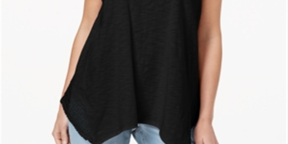 Style & Co Women's Handkerchief hem Short Sleeve V Neck Top Black Size X-Small