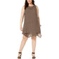 Style & Co Women's Lace Pom Pom Sleeveless Jewel Neck Shift Handkerchief Dress Brown Size Medium