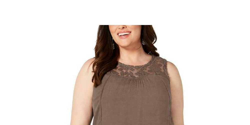 Style & Co Women's Lace Pom Pom Sleeveless Jewel Neck Shift Handkerchief Dress Brown Size Medium