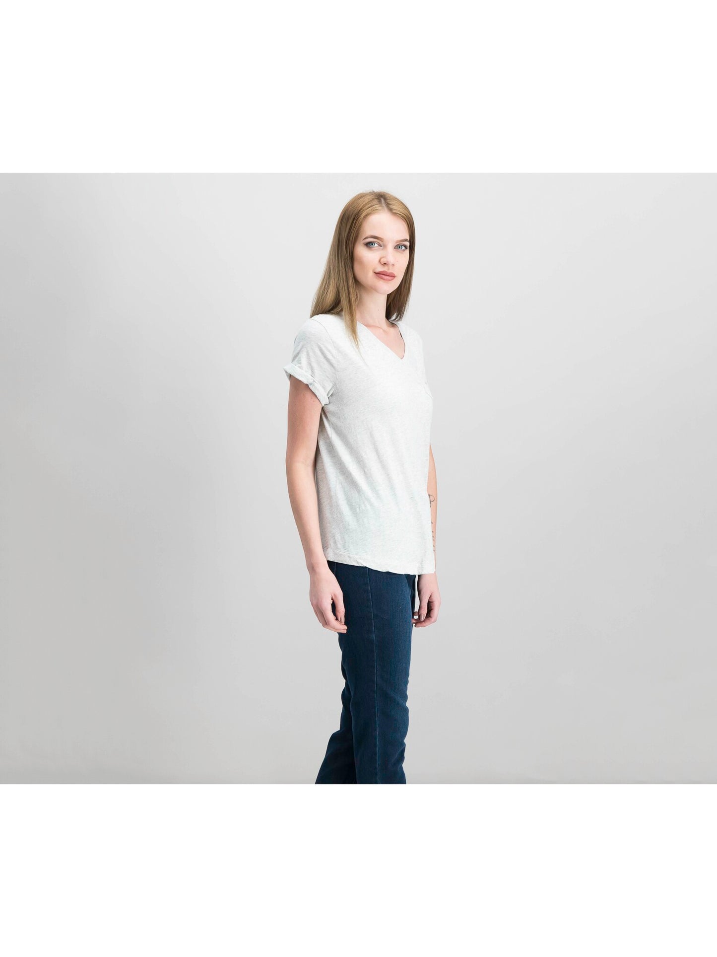 Style & Co Women's Pocketed Heather Short Sleeve V Neck T-Shirt -Gray Size Petite Large