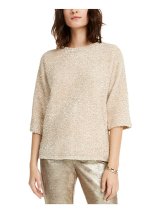 Alfani Women's 3/4 Sleeve Jewel Neck Sweater Brown Size Petite Large