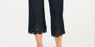Charter Club Women's Crochet Hem Wide Leg Pants Navy- Size 12