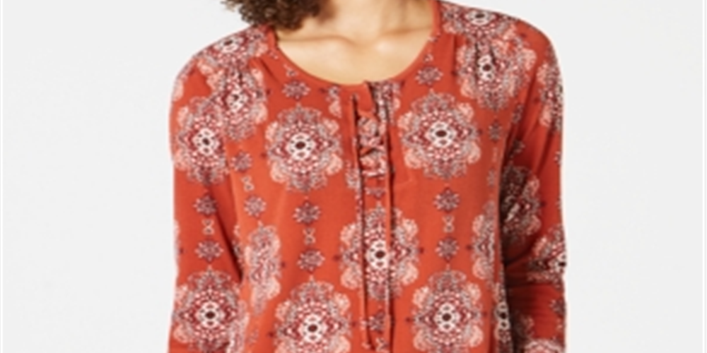 Style & Co Women's Medallion Lace up Top Orange Size Petite L