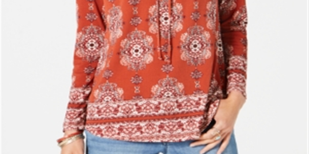 Style & Co Women's Medallion Lace up Top Orange Size Petite L