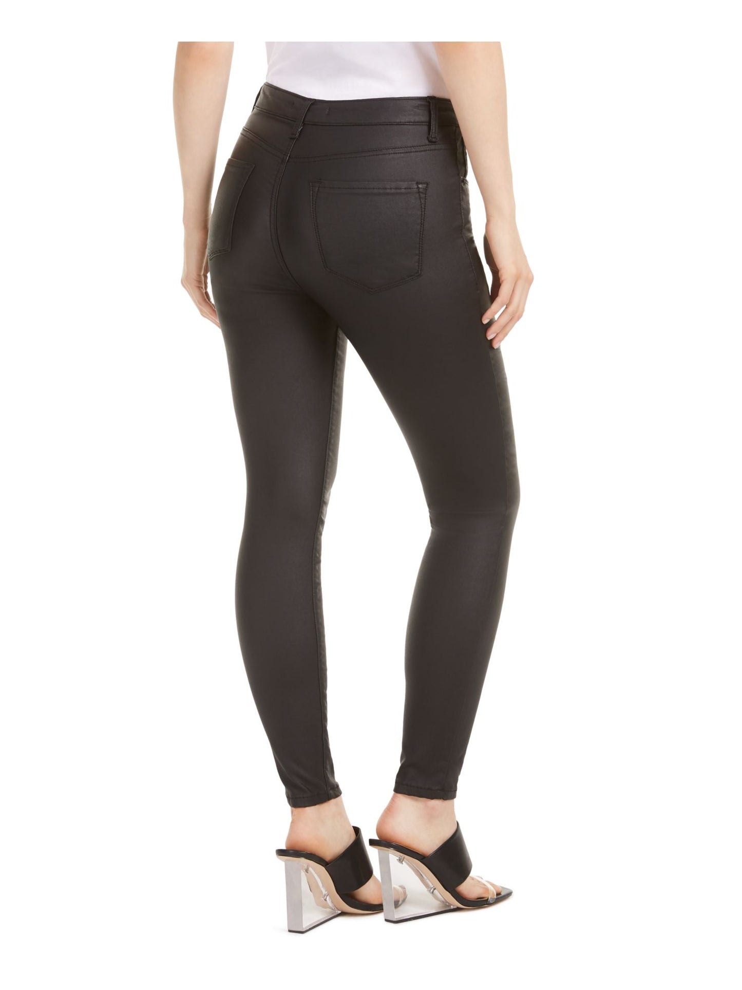 STS BLUE Women Black Stretch Zippered Pocketed High-rise Button-fly Coated Evening Skinny Jeans Black Size 26