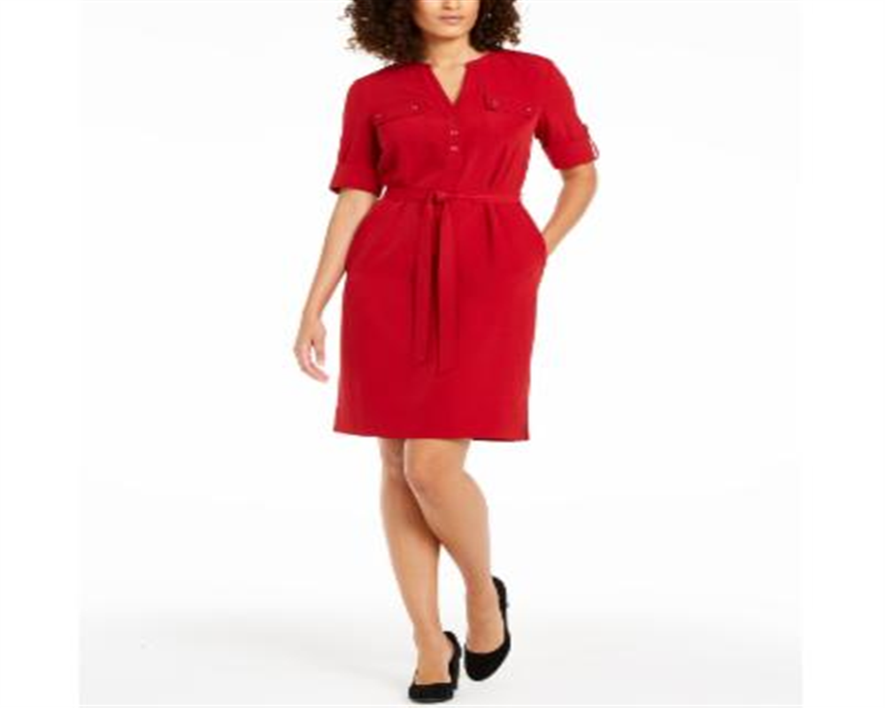 Anne Klein Women's Split Neck Belted Shirtdress Red Size XXL