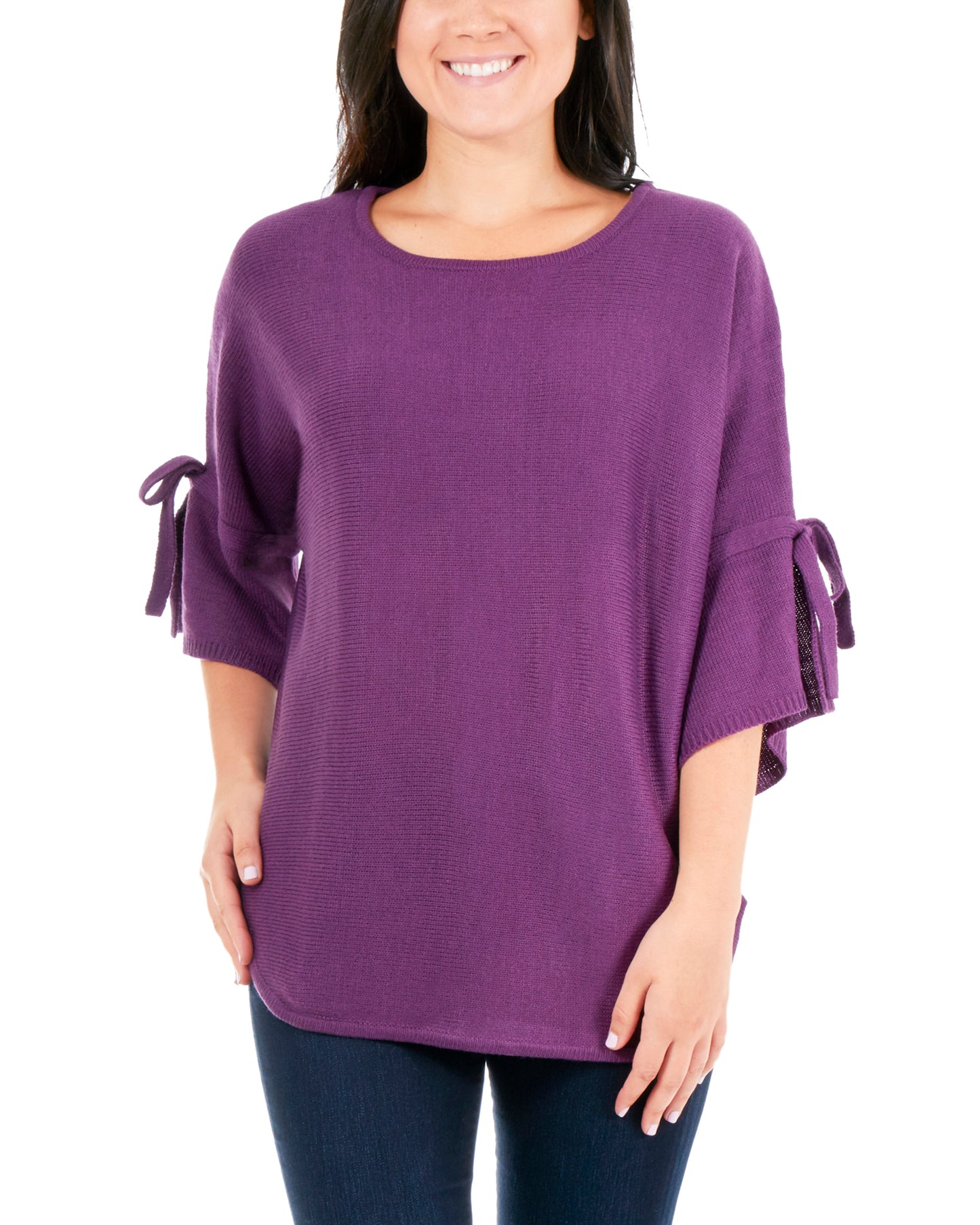 NY Collection Women's Round Hem Tie Sleeve Sweater Purple Size M